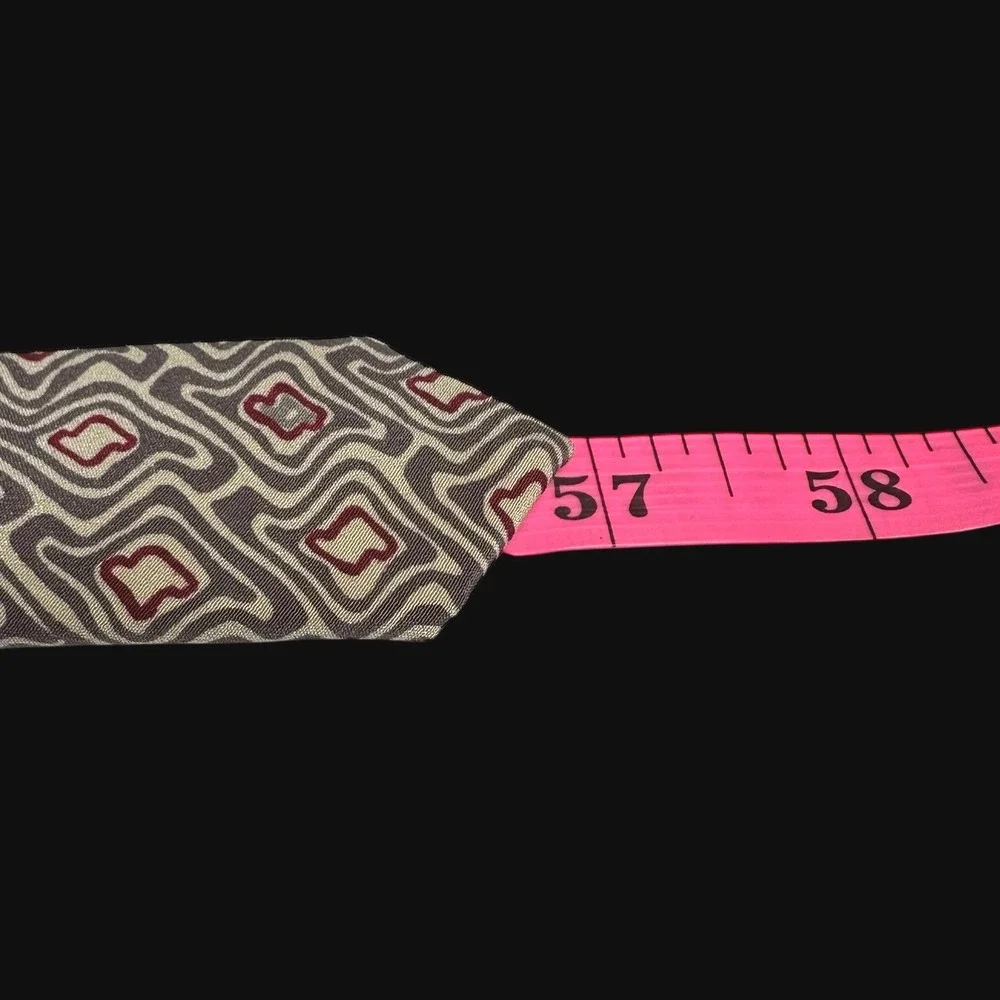 Valentino‎ Cravatte Mens Silk Tie Geometric Wavy Diamond Burgundy Grey Italy Vtg